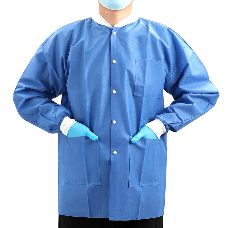 JMU 10-100 Pack Disposable Lab Jackets, SMS Disposable Medical Jackets for Adult, Knit Cuffs Collar, 3 Pockets Medium Dark Blue