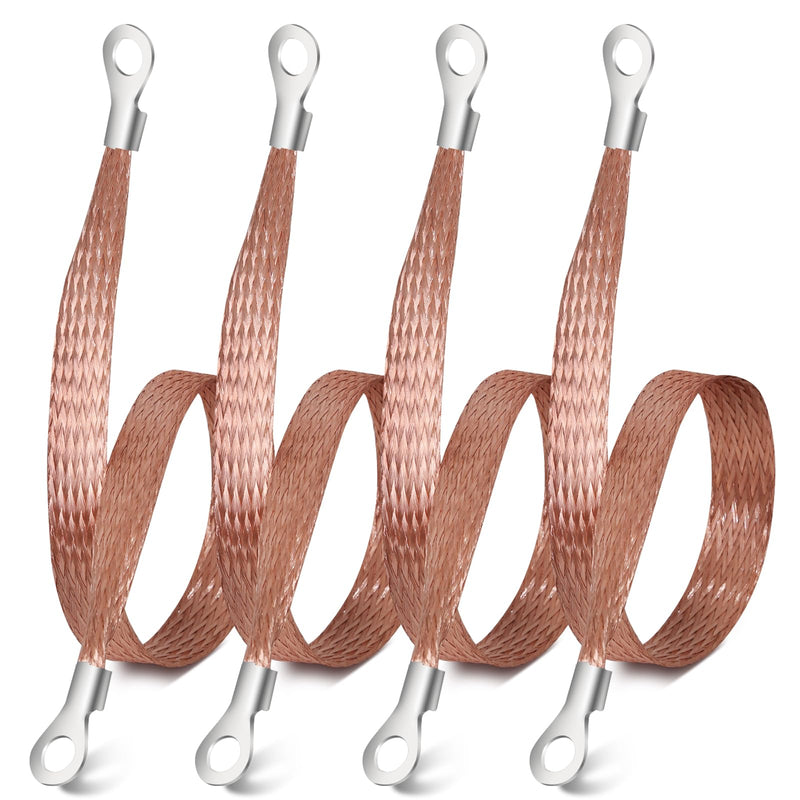 4PCS Universal Automotive Flat Braided Copper Ground Strap, 12" x 1/2" Professional Engine Grounding Cable Straps with Terminal Plugs,Vehicle Ground Strap, Tinned Copper Grounding Strap Wire for Cars 4PC 12Inch