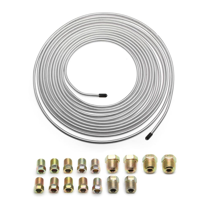 25Ft of 3/16 Zinc Plated Copper Brake Line Kit - Includes 16 Inverted Flare Fittings - Universal Copper Coil Brake Line Repair Kit for Car,Home,Industrial (Silver) Silver