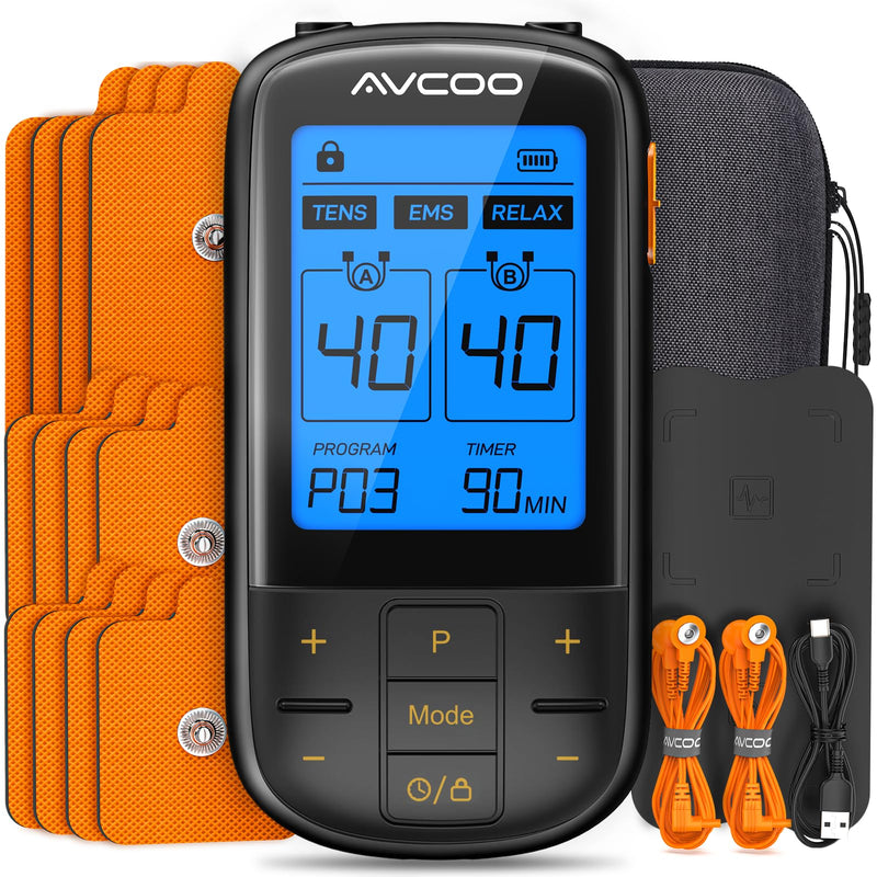 AVCOO 3-in-1 TENS Unit with 32 Modes, Dual Channel EMS Muscle Stimulator with 40 Intensities for Gradual Pain Relief Therapy, Rechargeable Electronic Pulse Massager with 12 Electrode Pads, EVA Case