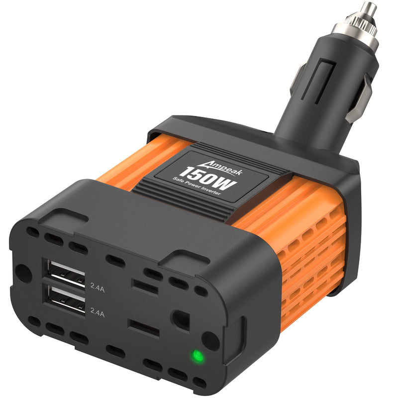 Ampeak 150W Car Power Inverter 12V DC to 120V AC Converter Plug in Adapter with 4.8A Dual USB Ports AC Outlet 11 Safe Protections Cigarette Lighter Adapter Car Laptop Phone Charger for Vehicles 150W Orange
