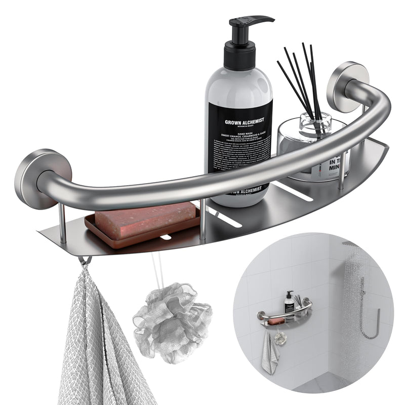 Brushed Nickel 18-inch Safety Grab Bar with Storage Shelf for Bathtub or Shower, Drainage Holes, Stainless Steel, Wall Mounted Grab Bars for Elderly Injured Balance Support 18 Inch Brushed Nickel