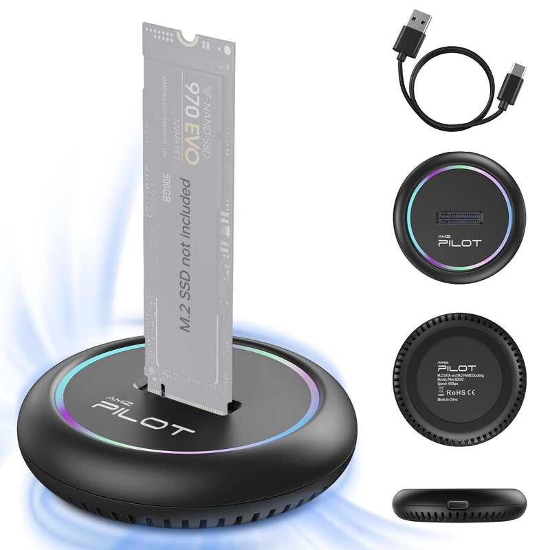 M.2 NVMe & SATA to USB C Docking Station, M.2 SSD to USB A C Reader Adapter for Both M Key & B+M Key NVMe PCIE and SATA NGFF SSD Dock, Size for 22110 2280 2260 2242 2230 RGB Light Enclosure M.2 Dock [Round Plastic with RGB]
