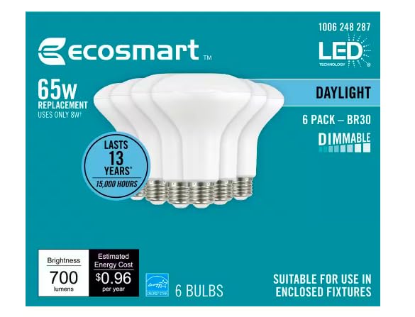 EcoSmart 65-Watt Equivalent BR30 Dimmable LED Flood Light Bulb Daylight (6-Pack) A20BR3065WESD56