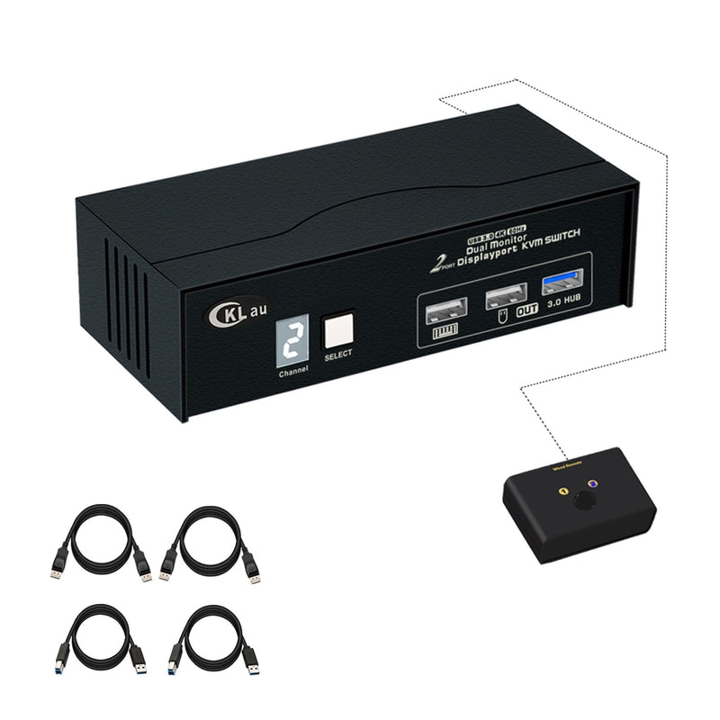 CKLau USB 3.0 2 Port Displayport KVM Switch 2 Monitor 2 Computers 4K60Hz 2K144Hz with Cables, DP 1.2 KVM Dual Monitor Keyboard Mouse Video Peripheral Switcher Box