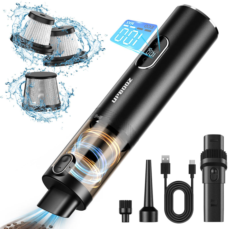 Handheld Vacuum Cordless, Upbooz Portable Car Vacuum, 14000PA Powerful Suction Vacuum Cleaner with LED Light and Air Duster 2 in 1, Low Noise Rechargeable Mini Hand Held Vacuum for Car Home Pet Office Black