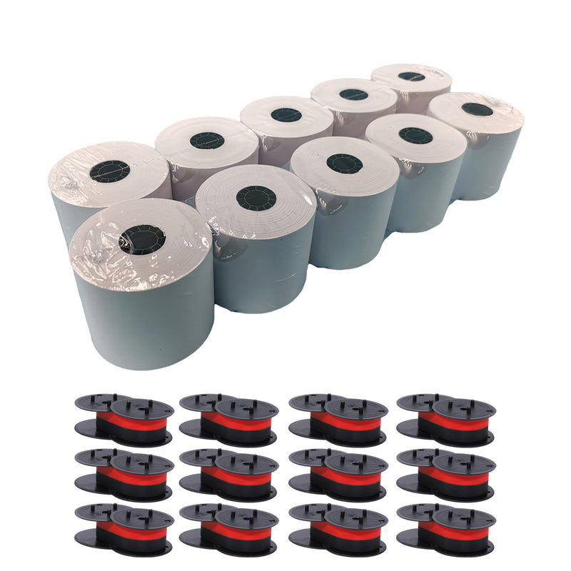 2 1/4 in x 150 ft Calculator Paper Rolls (10 Packs), Compatible Universal Twin Spool Calculator Ribbon (Black and Red, 12 Packs)