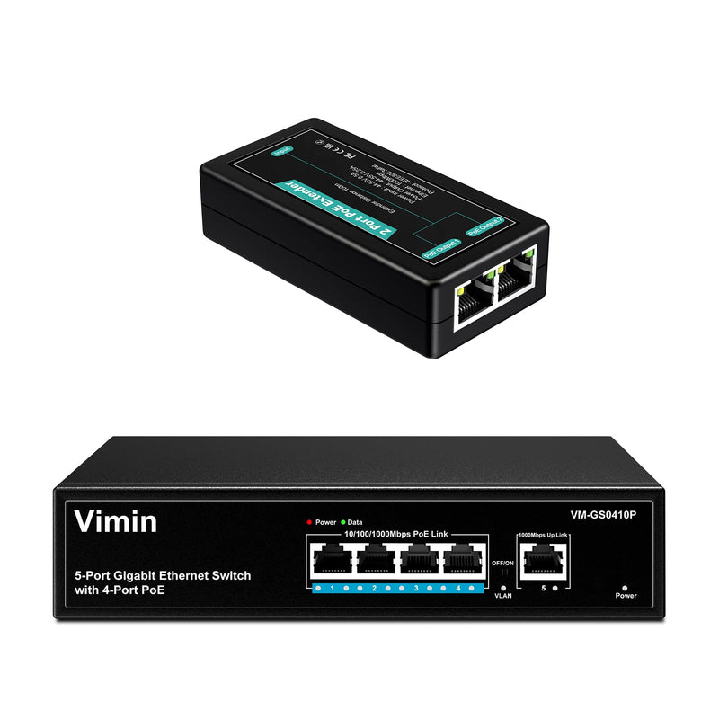 VIMIN 4 Port Gigabit PoE Switch with 2 Port PoE Extender, Black, RJ45, Supports IEEE802.3af/at, 72W, 1 Layer, 5Gbps, Compatible with Camera, Printer, Laptop, Plastic Case, Indoor Use, Plug and Play