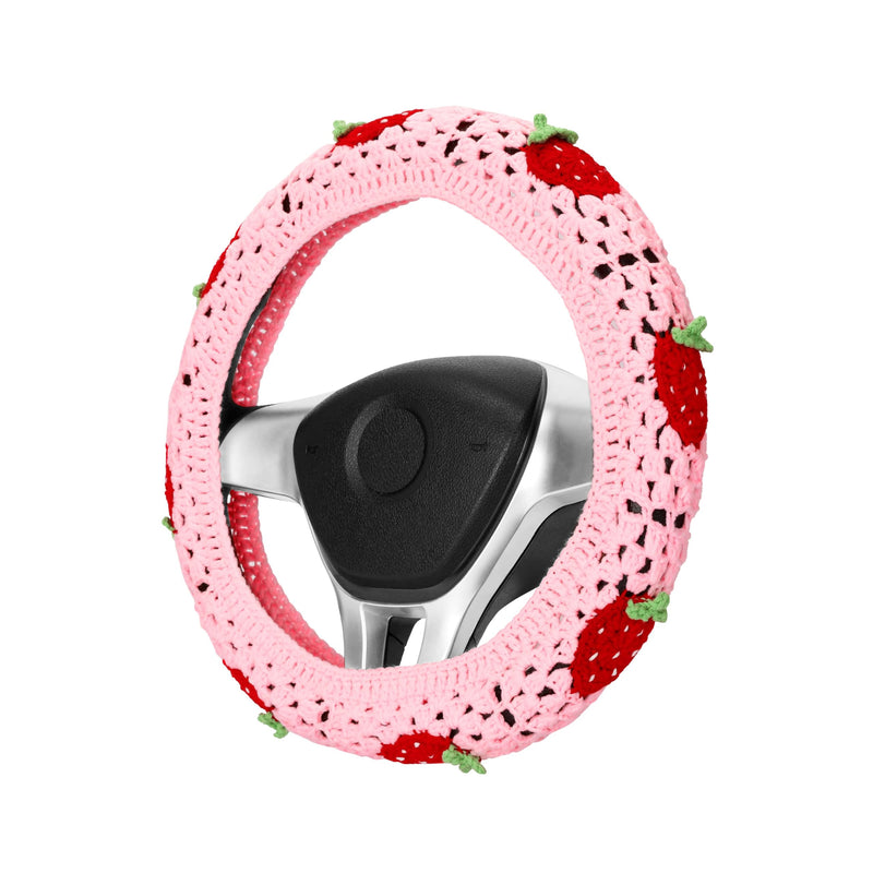 Crochet Steering Wheel Cover Set,Cute Car Steering Wheel Cover Boho 14-15in,Pink Strawberry Granny Square Pattern,Hippie Women Car Accessories (A Wheel Cover) A Wheel Cover