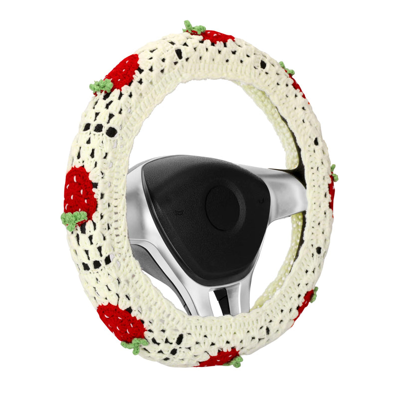 Crochet Steering Wheel Cover Set,Cute Car Steering Wheel Cover Boho 14-15 in, White Strawberry Granny Square Pattern,Women Car Accessories (A Wheel Cover) A Wheel Cover
