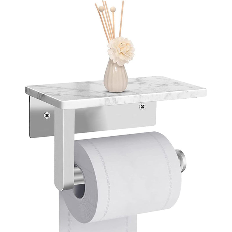 Toilet Paper Holder with White Marble Shelf, Without Drilling Stainless Steel Toilet Roll Holder for Wall, Modern Toilet Paper Holder for Kitchen Bathroom (Brushed) Brushed