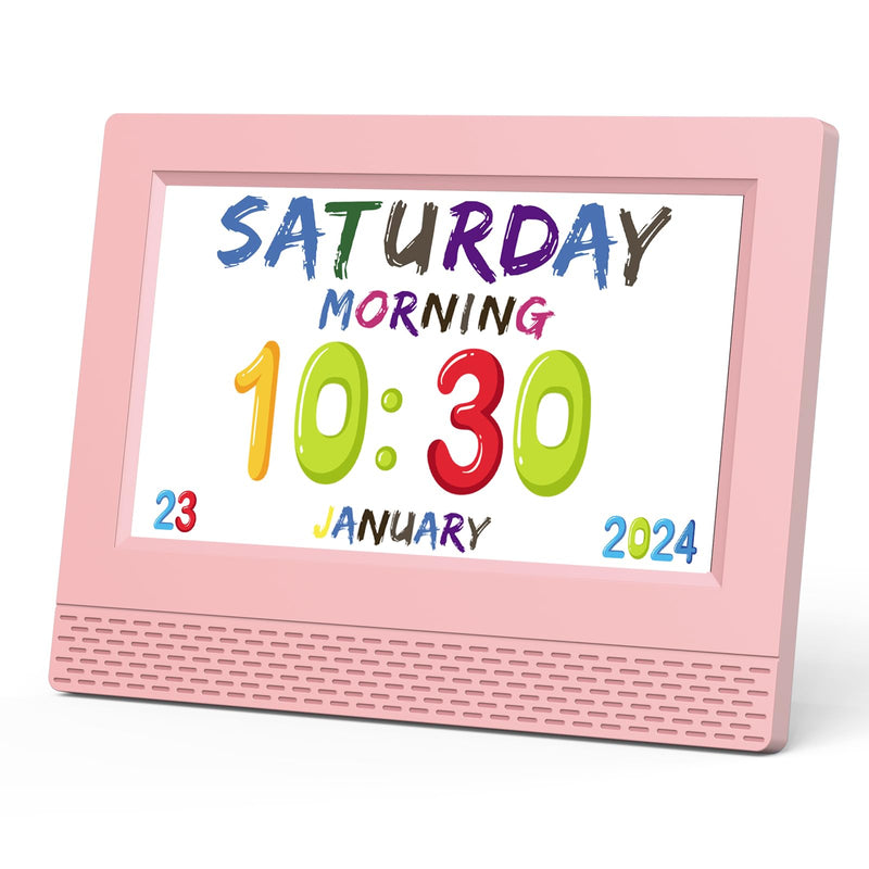 Kids Digital Alarm Clock Colorful, 7" Large LED Time Display Children's Sleep Trainer, Eye-Caring Digital Clock for Girls Boys Bedrooms Bedside, 17 Alarm Clock Settings Easy to Use Kids Birthday Gift Pink
