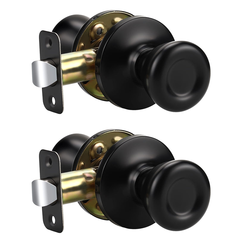KNOBWELL 2 Pack Passage Door Knobs Interior Black Door Knob for Hall and Closet, No Locking Keyless Tulip Round Door Knobs, Matte Black Interior Door Knob Passage Door Knob(No Lock)