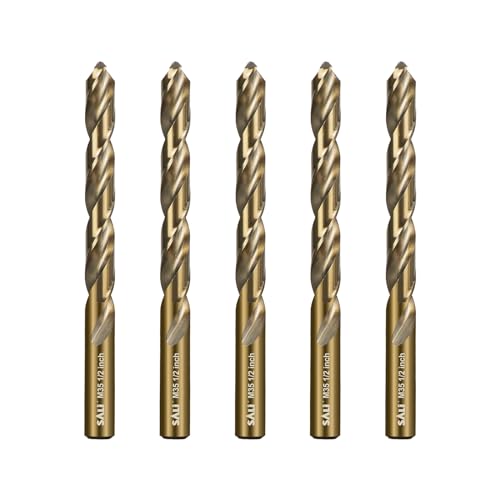 SALI Cobalt Drill Bit Set, 5Pcs 1/2" M35 High Speed Steel Jobber Length Drill Bit Kit for Hardened Metal, Stainless Steel, Cast Iron, Wood and Plastic, with Index Storage Case 1/2 Inch 5