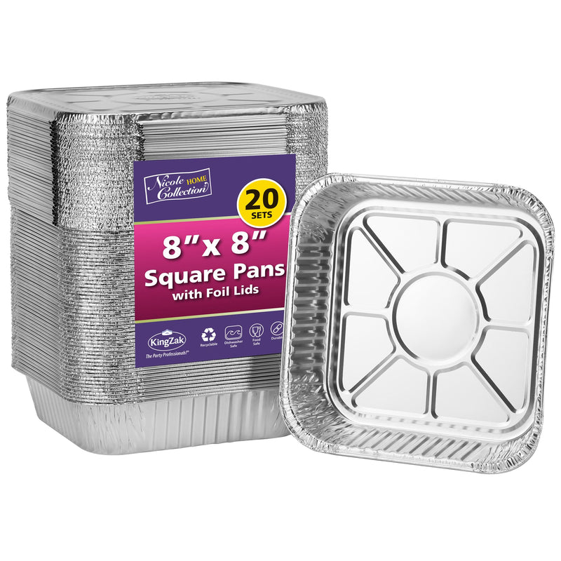 8x8 Aluminum Pans With Lids (20 Pack) 8 Inch Foil Pans With Covers - Cake Pans - Aluminum Square Pans With Lids - Disposable Food container - great For Cake Baking, Cooking, Freezing, Prepping Food Pans W/ Lids 20 Pack