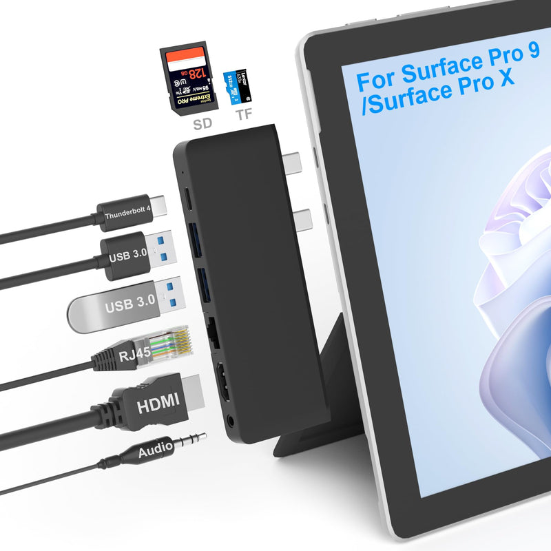 Surface Pro 9/Pro 11 Hub Docking Station with 4K HDMI, Thunerbolt 4(8K Video+40Gbps+100W Power), 100M Ethernet, USB3.0, SD TF Card Slot, 3.5mm Audio, Triple Display for Surface Pro 9/Pro X Accessories For Surface Pro 9/X/10/11 with Ethernet