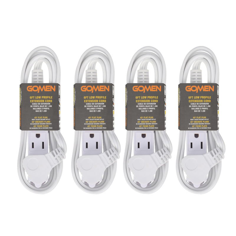 GOMEN 6 Feet Indoor Extension Cord with 3 Outlets, AWG 16/3 Angled Flat Plug Power Strip, 3 Prong Grounded, 13 Amps - 1625 Watts - 125 VAC, White, 4 Pack 6ft, 4 pack Style 1