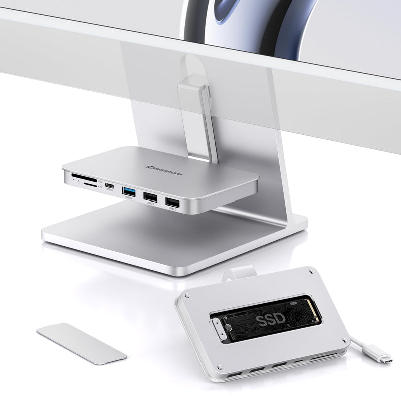 Minisopuru iMac Hub - Compatible with iMac 24 inch M1/M3/M4 and Studio Display 27 inch, Accessories Support Max 10Gbps M.2 SSD (SSD Not Included), USB A/C 10Gbps, SD/TF, Silver.