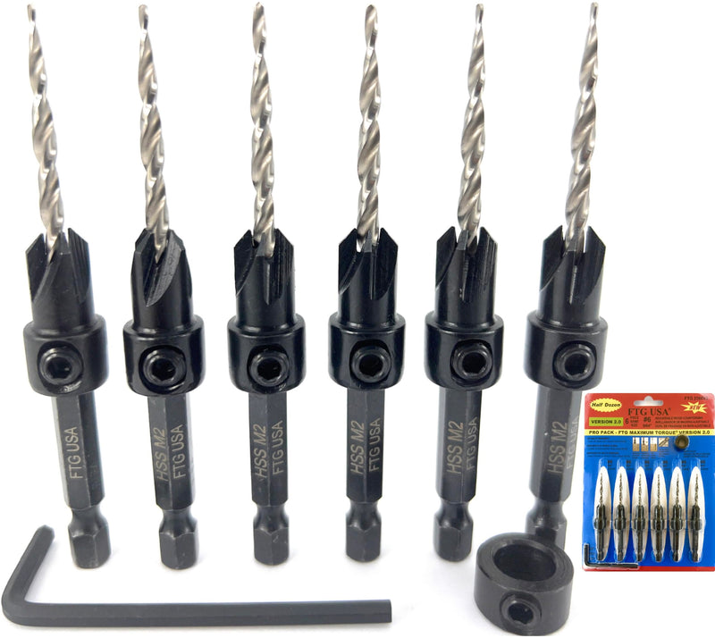 FTG USA 6 Pc #6 (9/64") Countersink Drill Bit Set with Tapered Drill Bits | 6 counter sink drill bit for wood, all same size. Includes 1 depth stop 3/8", 1 hex key; pre-drill woodworking boring tool Same Sort 6 Pc