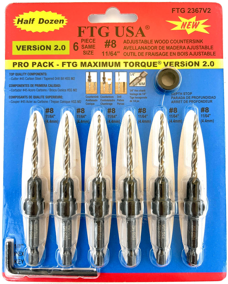 FTG USA 6 Pc #8 (11/64") Countersink Drill Bit Set with Tapered Drill Bits | 6 counter sink drill bit for wood, all same size. Includes 1 depth stop 3/8", 1 hex key; pre-drill woodworking boring tool Same Sort 6 Pc