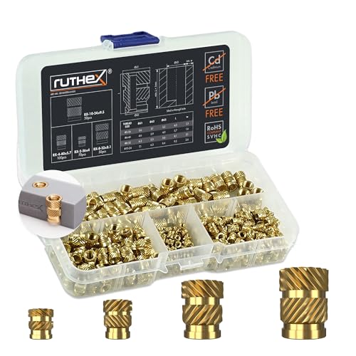ruthex Threaded Inserts #2-56 + #4-40 + #8-32 + #10-24 Assortment Box - 70 + 100 + 50 + 50 Pieces - Brass Heat Set Insert for Plastic - Inches UNC knurled Nuts - by Heat into 3D Printing Components Box #2-56 #4-40 #8-32 #10-24 UNC Threaded Insert