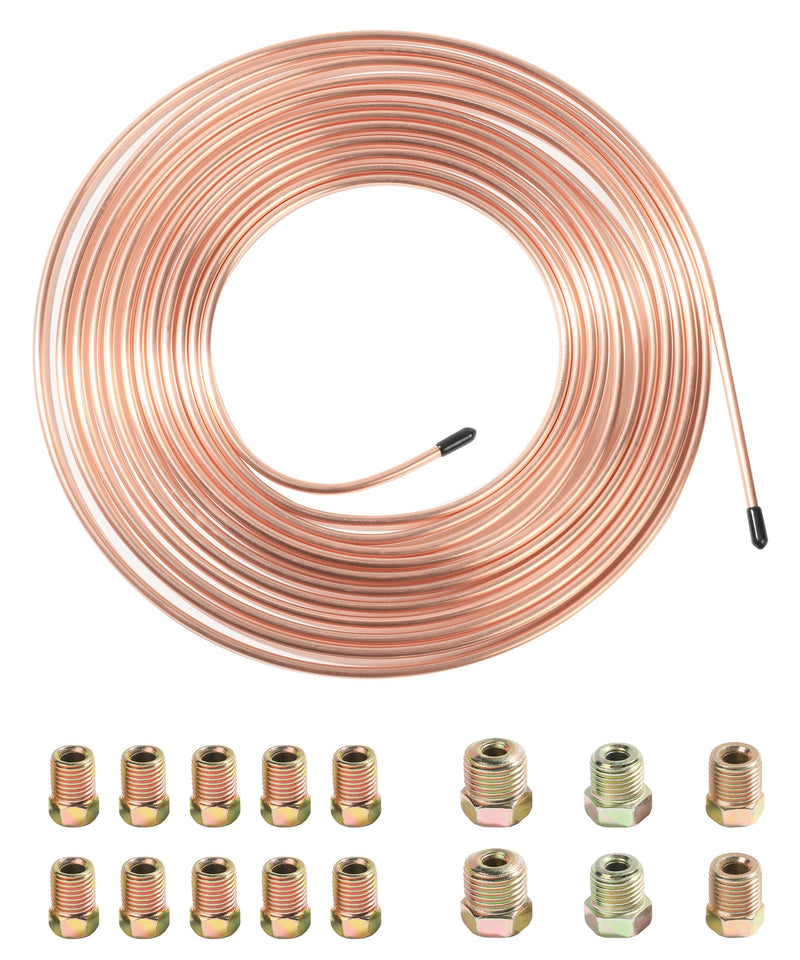 RACOONA 25Ft 3/16 Brake Line Tubing Kit,Copper Nickel Brake Line,Car Accessories Flexible Copper Coated Alloy Brake Line Tubing Coil with 16 Fittings,Fits Hydraulic Braking Systems etc. (Gold) Gold
