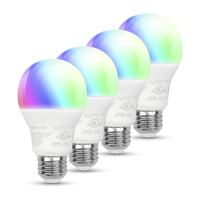 Amazon Basics Smart A19 LED Light Bulb, Color Changing, 9W (60W Equivalent), 800LM, Works with Alexa Only, 2.4 GHz Wi-Fi, No Hub Required, Energy Saving, 4-Pack 4 Pack