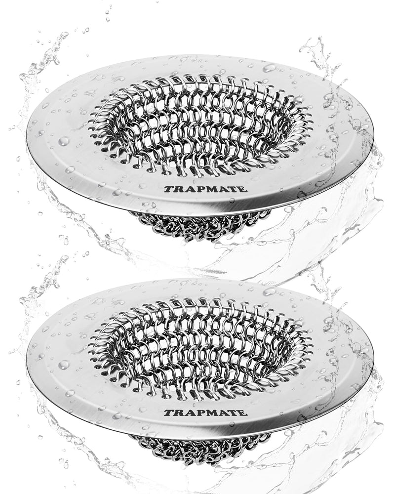 TRAPMATE 2 Pcs Kitchen Sink Drain Strainer, Stainless Steel Sink Strainer Basket with Easy Clean & Anti-Clog, Fits Garbage Disposal, Dishwasher Safe, Single & Double Bowl Sinks (Patented Product) Light Silver Silver