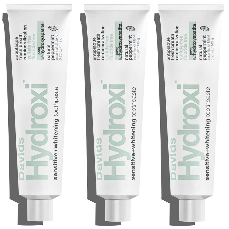 Davids Hydroxi Fluoride Free Nano Hydroxyapatite Toothpaste for Remineralizing, Sensitive Support, Whitening, Antiplaque, SLS Free, Natural Peppermint, 5.25oz, Made in USA (3 Pack) 2. Whitening Peppermint 5.25 Ounce (Pack of 3)