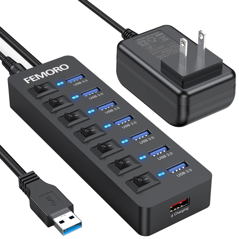 Powered USB Hub 3.0, 5Gbps Data Transfer 7 Ports and 12W Charging-only 1 Port with 5V/3A Power Adapter 4Ft Long Cable & Individual Switches for Laptop PC Flash Drive External SSD HDD Keyboard Mouse 1 Pack 7 USB 3.0 +1 Charging