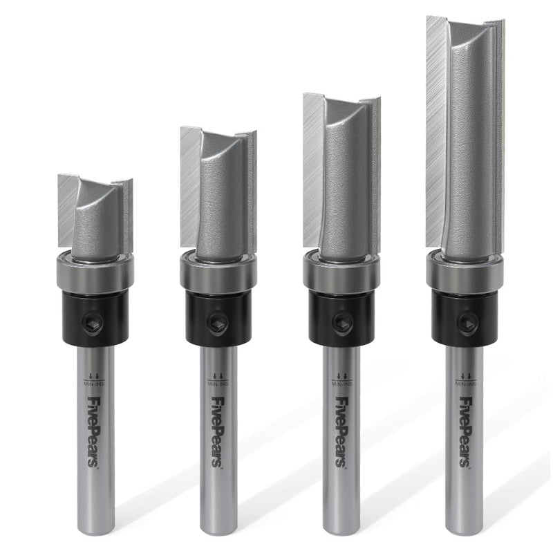 FivePears 4 PCS Pattern Flush Trim Router Bit Set 1/4 Inch Shank, Top Bearing Flush Cut Trim Router Bit for Woodworking, Cutting Diameter: 1/2", Cutting Length: 1/2", 3/4", 1", 1-1/2" Shank Size: 1/4" Cutting Diameter: 1/2" 4pcs