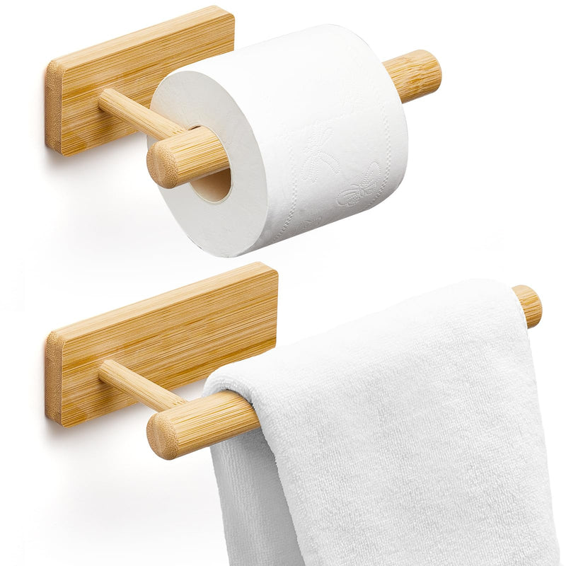 Maxcheck 2 Pcs Bamboo Toilet Paper Holder Wall Mounted Bathroom Towel Holder Wood Towel Rack Toilet Paper Holder and Towel Holder Set Wood Towel Bar Towel Hanger for Kitchen Living Room Bedroom