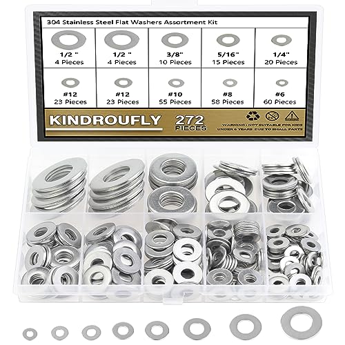 272 Pieces 304 Stainless Steel Flat Washers, Fender Washers, Kindroufly 8 Sizes Stainless Steel Washers, Lock Metal Washers Assortment Kit (#6#8#10#12 1/4" 5/16" 3/8" 1/2") #6 #8 #10 #12 1/4" 5/16" 3/8" 1/2"