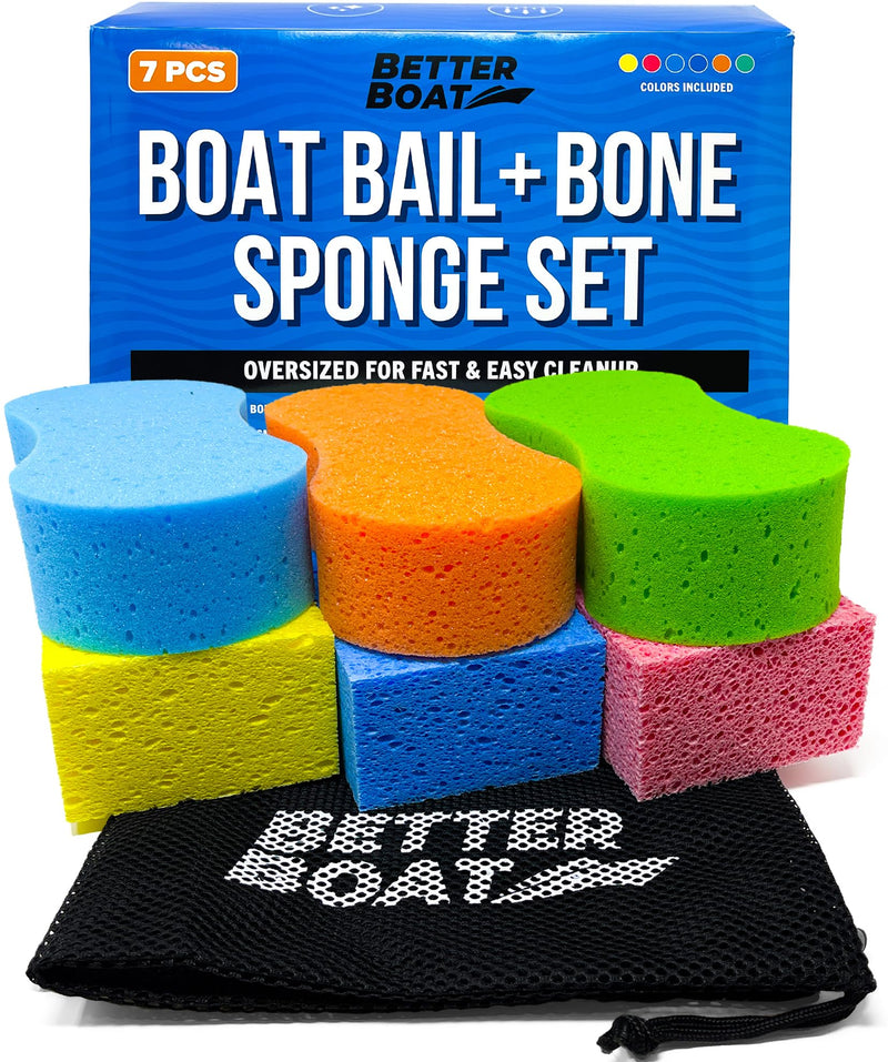 Extra Large Boat Bail Sponge and Bone Sponge Set, 6 Pack Cellulose and Soft Touch Sponges for PWC, Kayak, Pontoon, or Car Washing and Cleaning, Includes Storage Bag