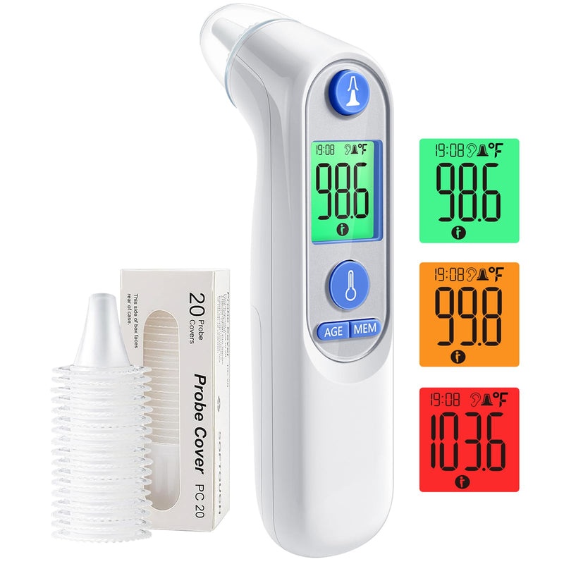 Ear Thermometer, Digital Ear Thermometer for Kids and Adults, High Accuracy Baby Thermometer with 1s Result, 3-Color Dispaly, 30 Memory Recall, with 21 Disposable Probe Covers White