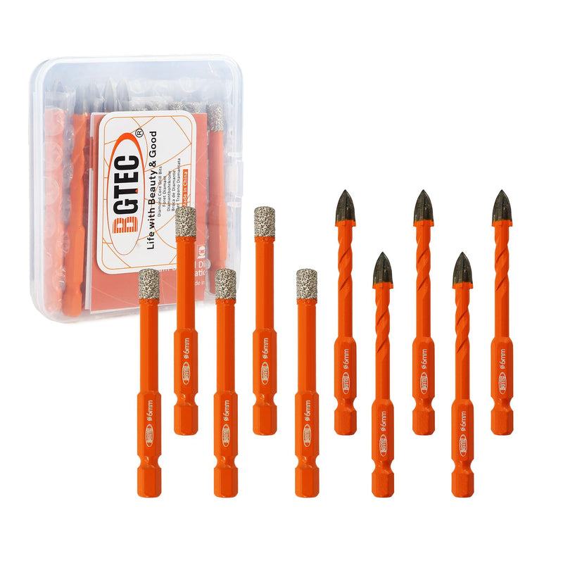 BGTEC Dry Diamond Drill Bits Set - 1/4" 6mm 5pcs Tile Cutter Hole Saw and 1/4" 6mm 5pcs Carbide Tip Drill Bits for Granite Marble Porcelain Ceramic Glass 6mm*5+6mm*5 10