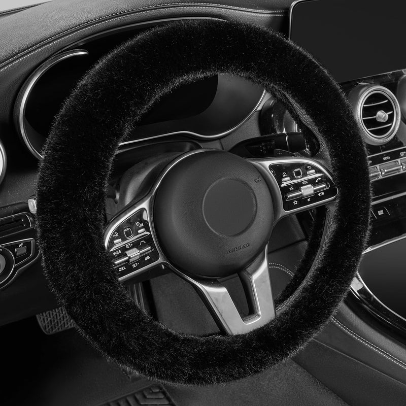 LACDL Fuzzy Winter Steering Wheel Covers for Women, Warm Cute Fluffy Car Wheel Cover for F150 Truck Jeep, Super Soft Furry Auto Plush Car Handle Cover for Cold Weather, Black, 15-16 inch, Large Size Large Size[15"1/2-16"](39-41cm)