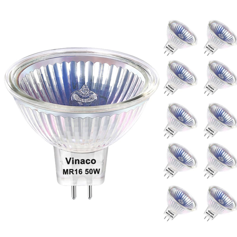Vinaco MR16 Bulb，10Pack MR16 Halogen Bulb 50W GU5.3 Base, 800LM High Output MR16 12V 50W Halogen, 2800K Warm White MR 16 Dimmable with Clear Glass Cover, MR 16 GU5.3 for Landscape, Track Lights 50W- 10 Pack