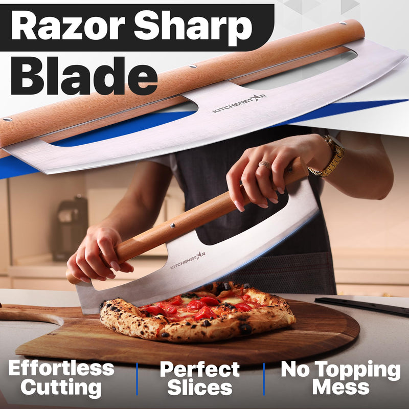 KitchenStar 16-Inch Pizza Cutter Rocker Blade - Razor Sharp Stainless Steel Slicer Knife, Stylish Beech Wood Handle, Protective Cover - Professional Pizza Oven Accessories, Silver 16 inch a) Silver
