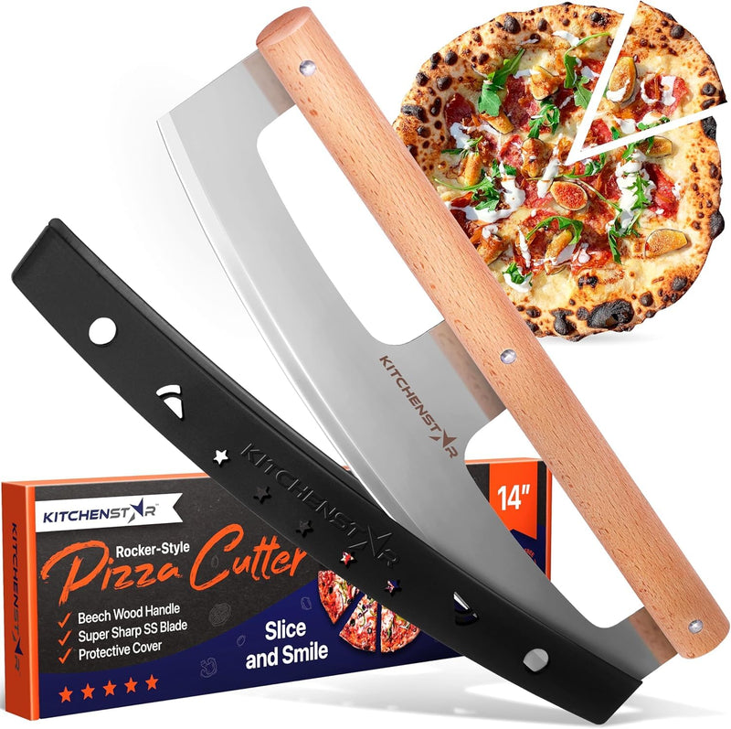 KitchenStar 14-Inch Pizza Cutter Rocker Blade - Razor Sharp Stainless Steel Slicer Knife, Stylish Beech Wood Handle, Protective Cover - Professional Pizza Oven Accessories, Silver 14 inch a) Silver