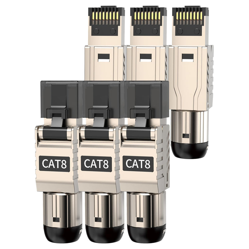 6-Pack RJ45 Connectors Tool Free Cat 8, Cat8 Field Termination Plug Shielded RJ45 Modular Plugs for 2000MHz 2GHz 40G Double Shielded Solid LAN Cable 22AWG-24AWG 6-Pack
