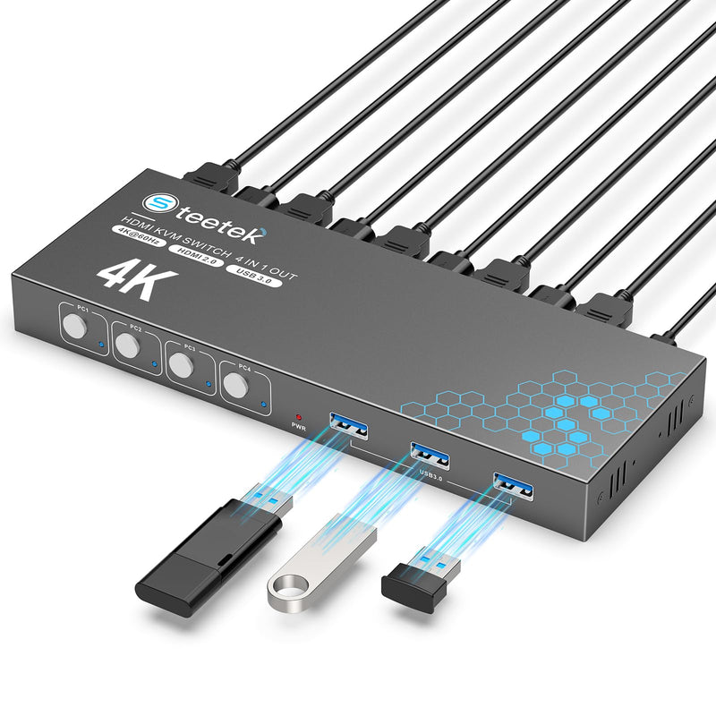USB 3.0 HDMI KVM Switch 1 Monitors 4 Computers, 4K@60Hz KVM Switches for 4 Computers Sharing Monitor Keyboard Mouse Hard Drives Printer, with EDID Adaptive,1 HDMI Cable and 4 USB Cable 4 Port