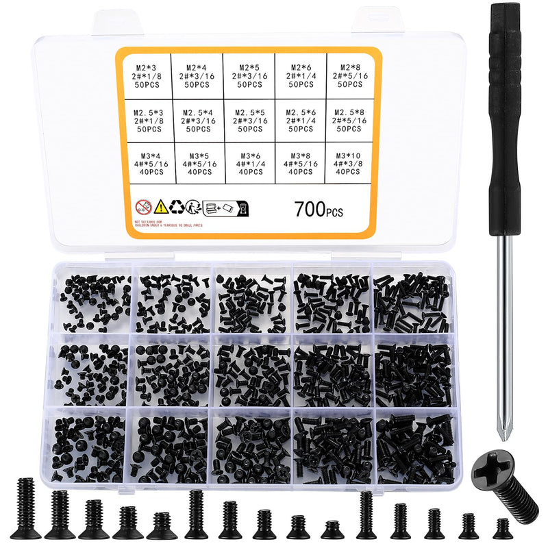 700 Pcs Flat Head Machine Screws, Countersunk Head Phillips Screw Bolts, 2# 4# Black Computer Motherboard Screws Assortment Kit for HDD SSD Hard Drive PC Fan PC Case Screws
