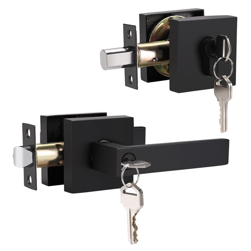 1 Pack Flat Black Square Entry Levers Locksets and Double Cylinder Deadbolts Combination Set, Heavy Duty Front Door Office Entrance Levers, Keyed Alike(All Same Keys) 1 Pack Modern Light Black