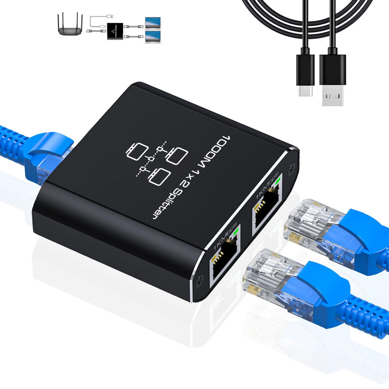 Gigabit Ethernet Splitter 1 to 2 - Network Splitter with USB Power Cable, RJ45 Internet Adapter 1000Mbps High Speed for Cat 5/5e/6/7/8 Cable [2 Devices Networked Simultaneously]
