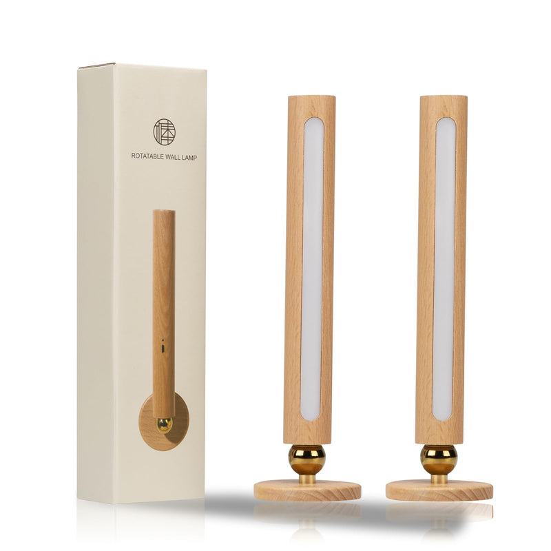 360° Rotatable Wooden Led Wall Lamp Magnetic USB Rechargeable Wall Sconces Battery Operated Led Night Light for Household (Beech Wood) Beech Wood 2PCS
