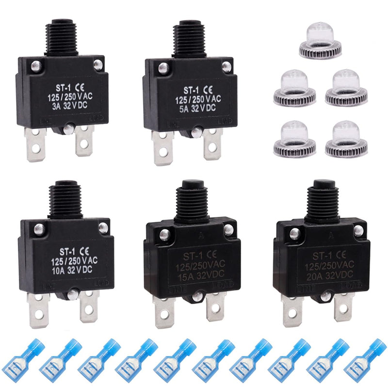 mxuteuk 5Pcs 3,5,10,15,20Amp Circuit Breakers Push Button Manual Reset 125/250V AC 32V DC,Overload Protector Switch Thermal Circuit Breakers with Quick Connect Terminals and Waterproof Button Caps 3A5A10A15A20A KIT