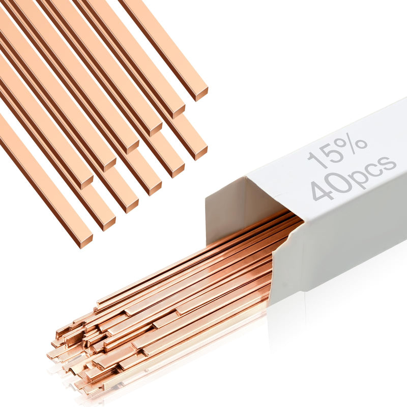 Tandefio 40 Sticks Brazing Rods AWS BCup-5 15% Silver Solder Phos Copper Brazing Alloys Flat Welding Rods Industry 0.050"x1/8"x10" for Air Conditioning Refrigerator Cold Storage HVAC Units BCup-5, 15% Silver