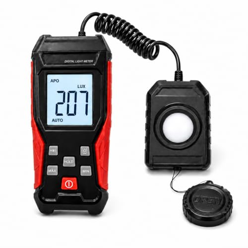 Digital Light Meter, Handheld Illuminance Meter with 360° Rotating Sensor, 0~200,000Lux Range Luxmeter with 4 Digit LCD Display, Data Hold, Max/Min for Plants, Photography, Headlights, Home, Office