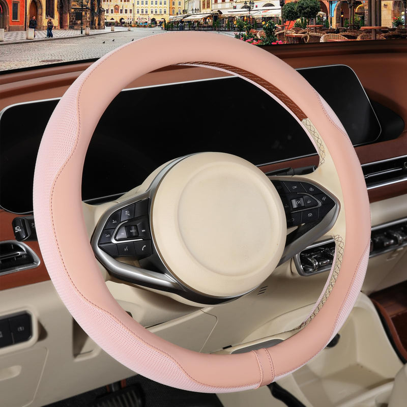 Nappa Leather Pink Steering Wheel Cover, Advanced Microfiber Leather Non-Slip Breathable Fabric, Warm in Winter and Cool in Summer, Universal 15 inch Standard Size[14.5''-15''] Round-Pink